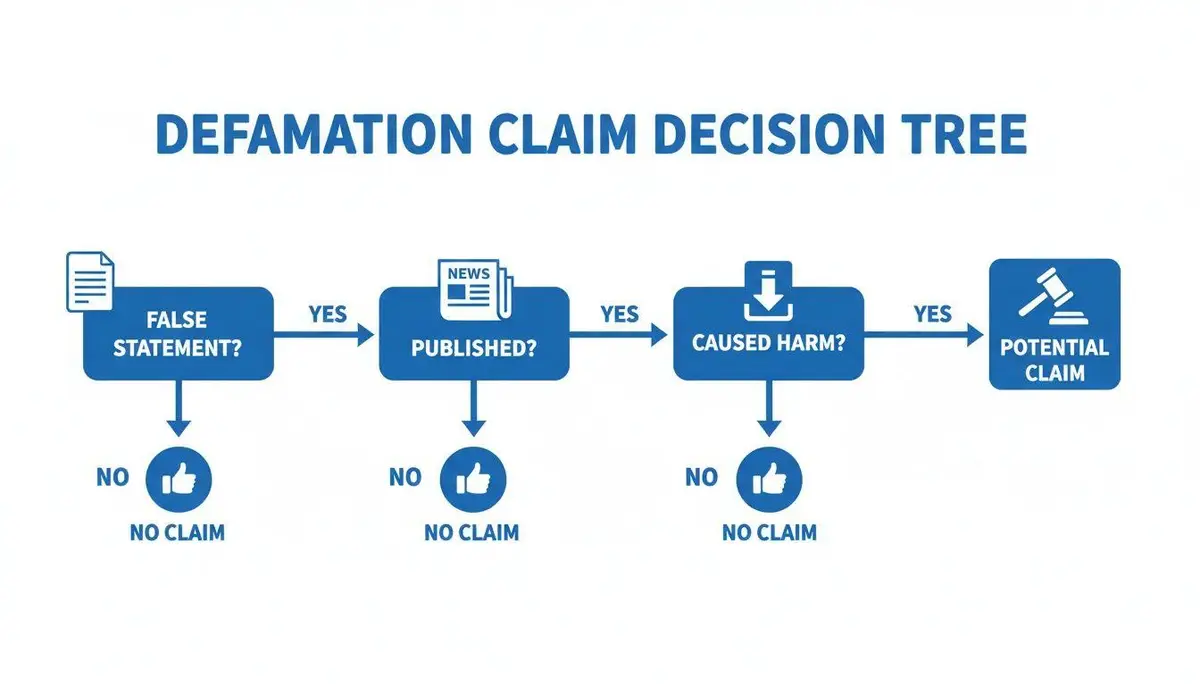 Defamation claim decision tree flowchart illustrating the steps to determine a potential legal claim.