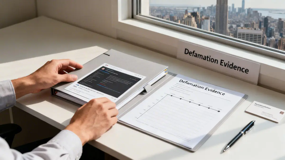 Hands reviewing digital and printed defamation evidence documents in a binder, with a New York city view.