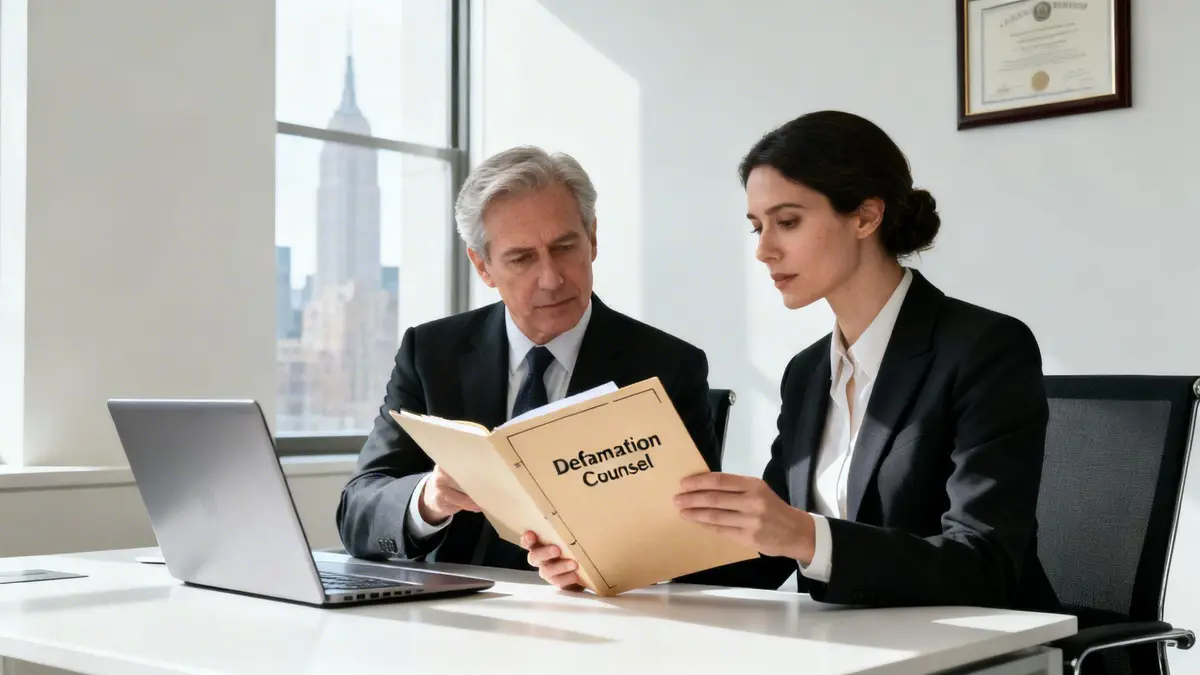Two professional lawyers, a man and a woman, reviewing a 'Defamation Counsel' file in an office.