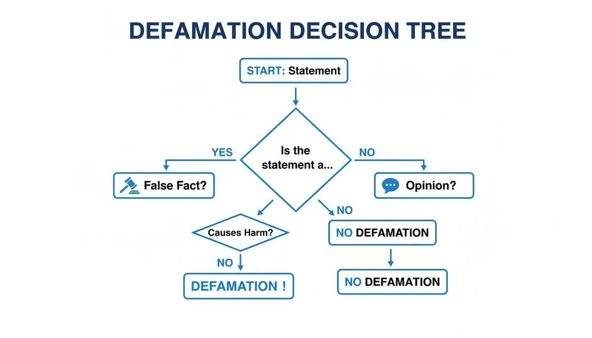 A flowchart titled 'Defamation Decision Tree' outlining the steps to determine if a statement is defamatory.