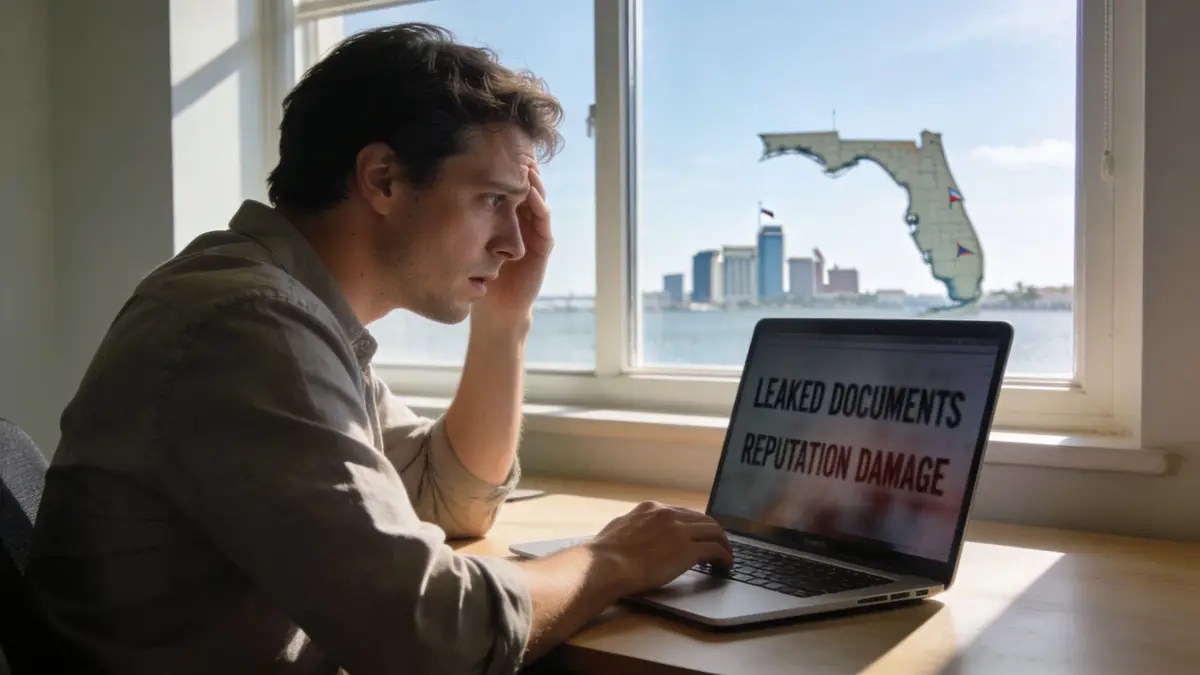 A concerned man sits at a desk looking at a laptop screen displaying information about leaked documents.