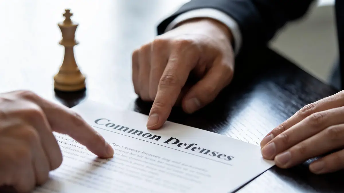 A legal professional points to a document titled Common Defenses while sitting across from a client.