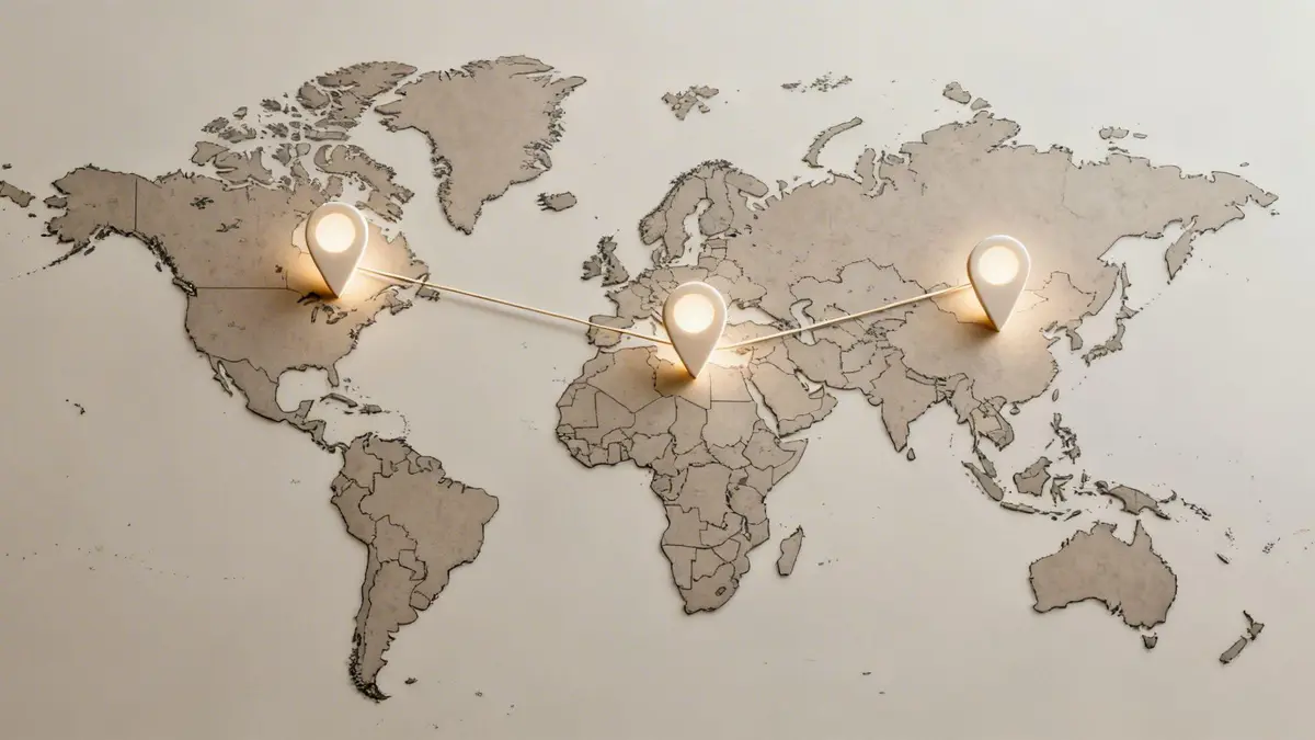 A world map with three illuminated location pins connected by lines, signifying global presence or connections.