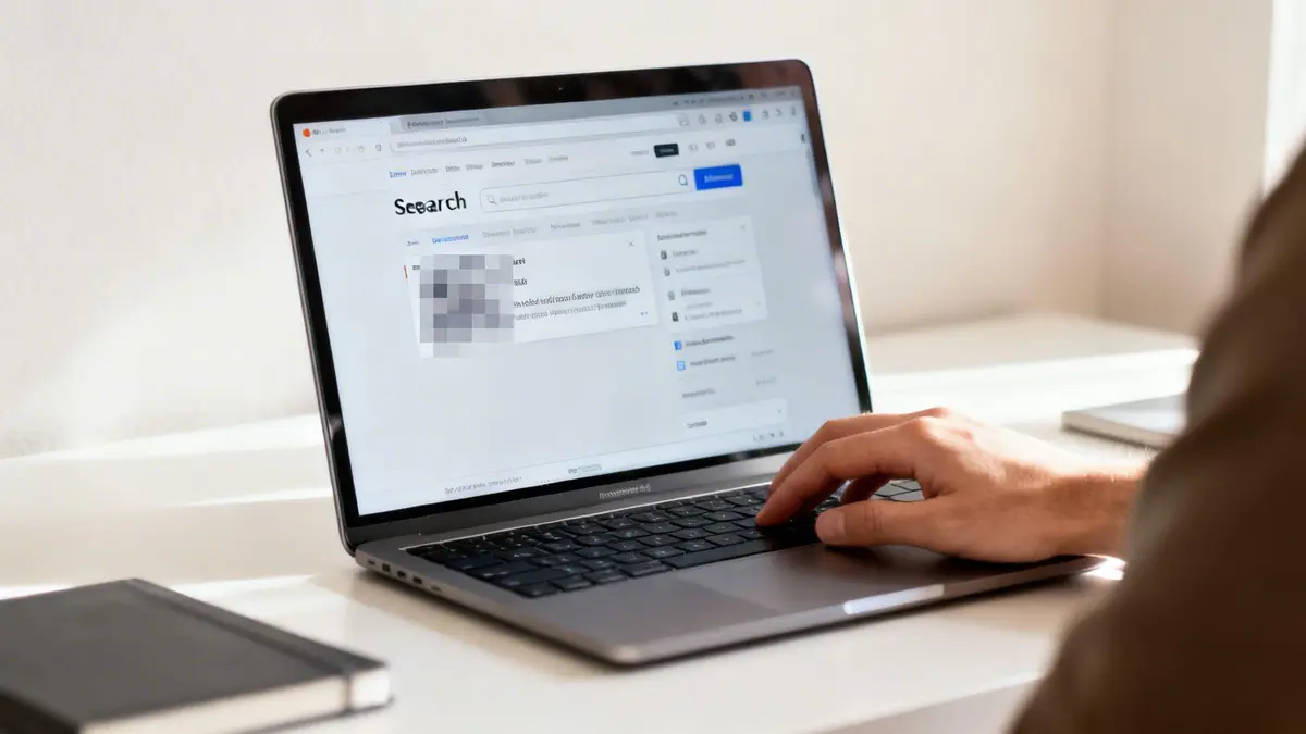 A person's hand typing on a MacBook laptop, displaying a 'Search' page with blurred content.