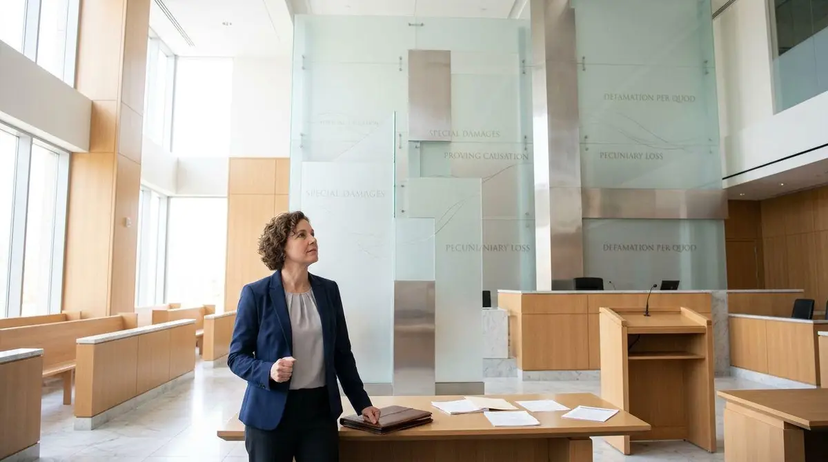 A professional woman in a suit stands in a modern courtroom with legal terms on the glass wall.