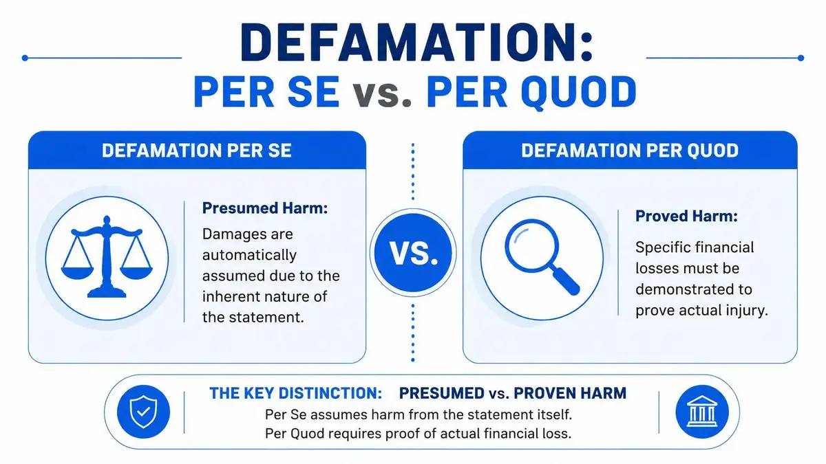 A comparison chart explaining the legal differences between defamation per se and defamation per quod.