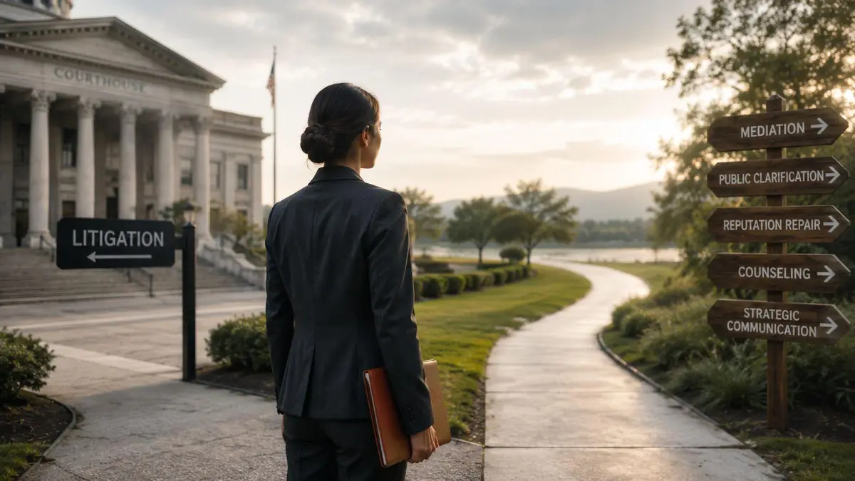 A professional woman in a suit stands at a crossroads, choosing between litigation and communication strategies.