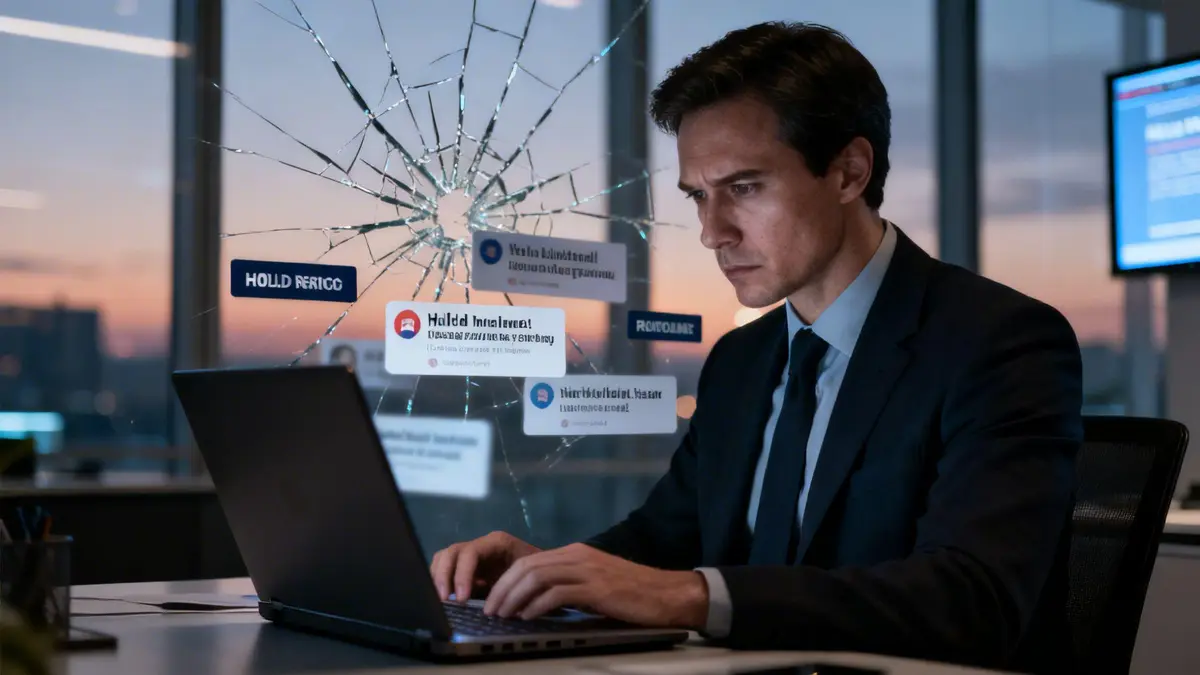A man in a suit intently uses a laptop with broken glass and holographic notifications over a sunset office backdrop.
