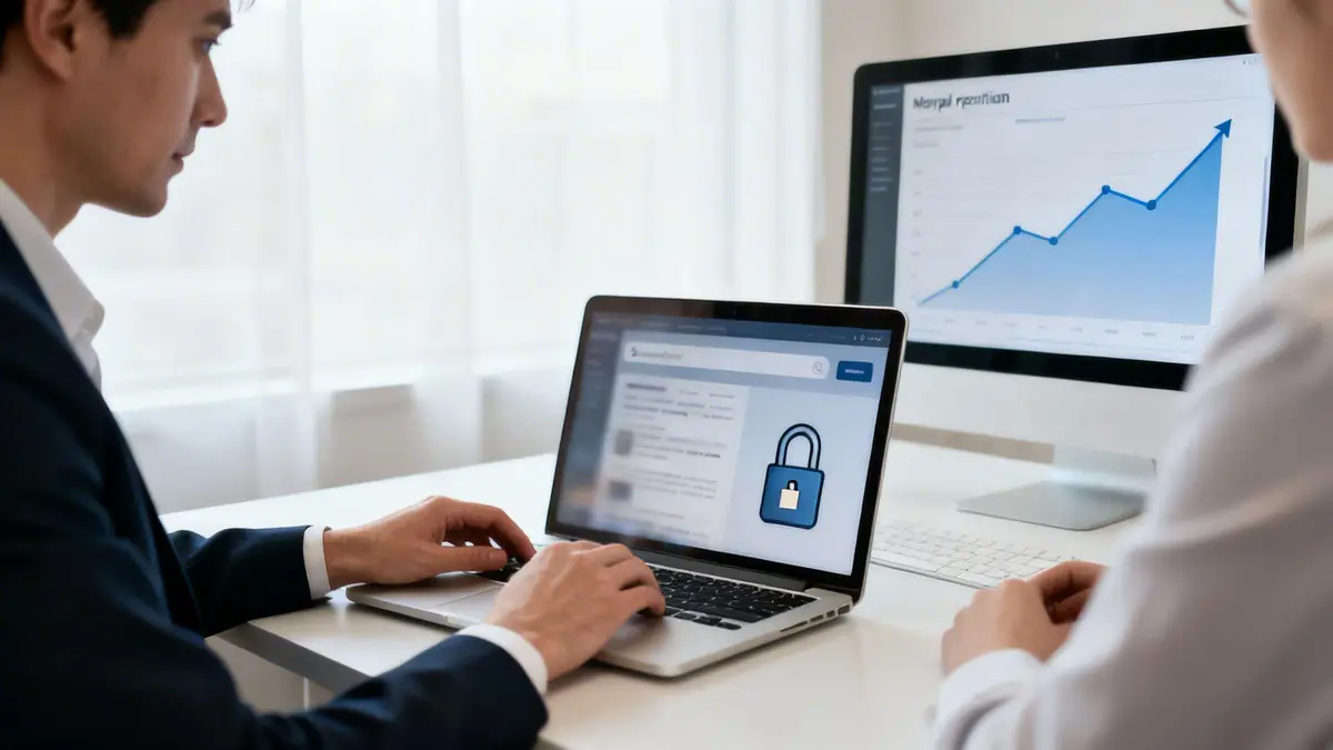 Business professionals at a desk, one typing on a laptop with a security lock icon, another viewing a growth graph.