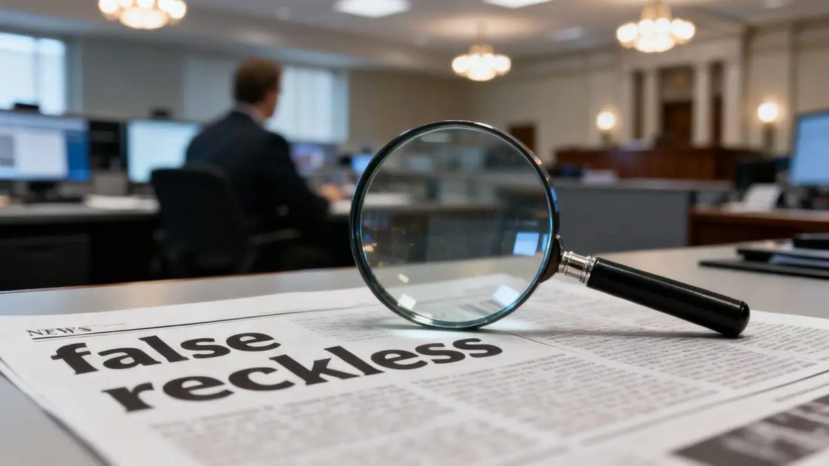 A magnifying glass rests on a newspaper displaying headlines 'false' and 'reckless' in an office.