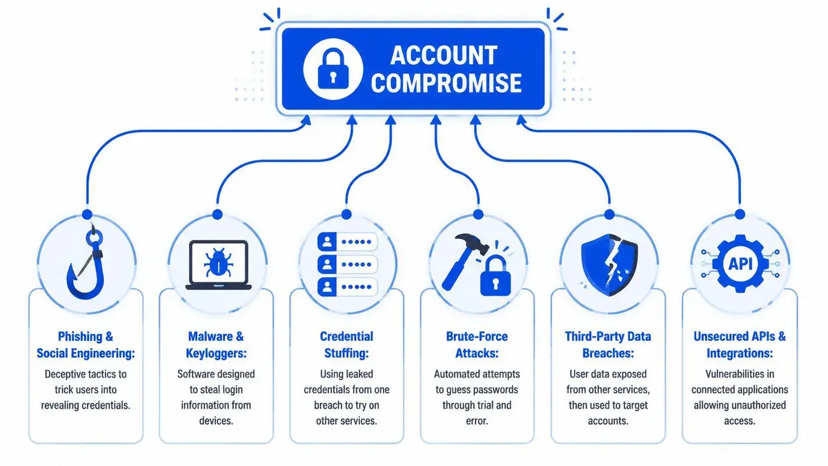 A diagram illustrating six common causes of account compromise, including phishing, malware, and unsecured API integrations.