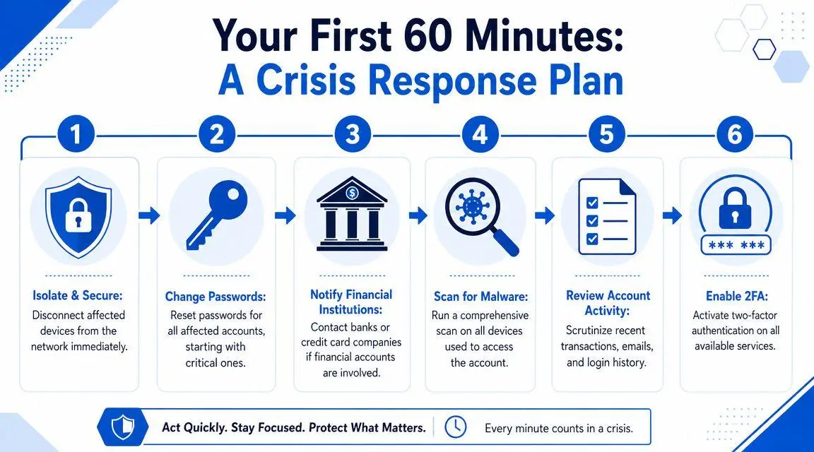 A six-step infographic outlining a crisis response plan for securing digital accounts after a security breach.