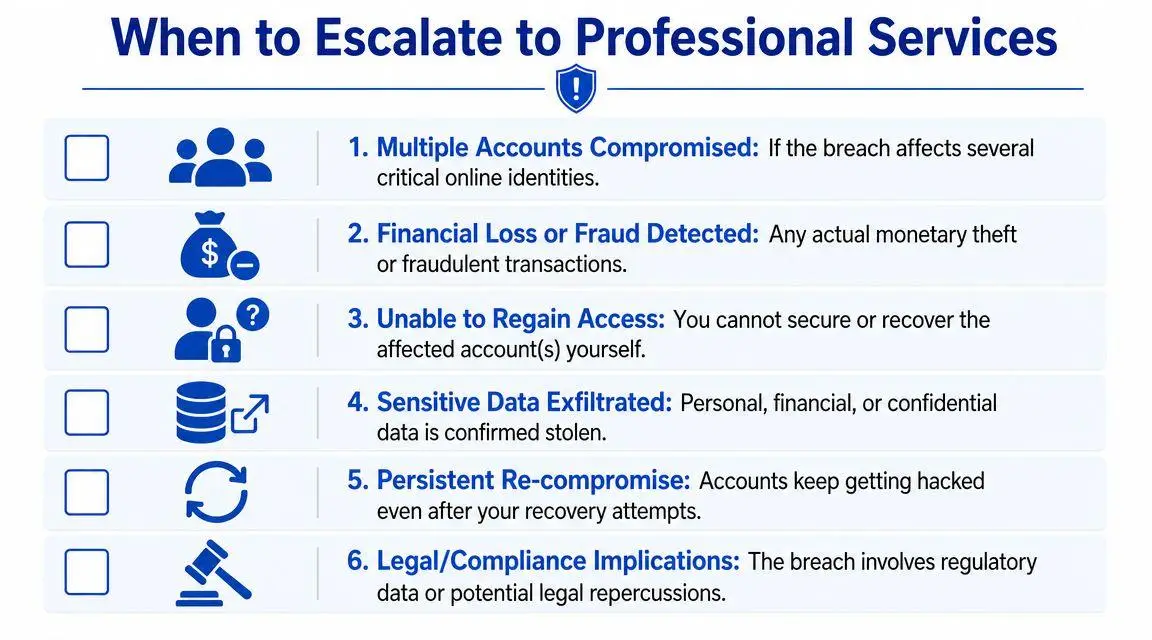 A list of six scenarios explaining when it is necessary to escalate security incidents to professional services.