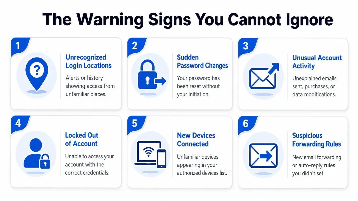 A numbered infographic detailing six key warning signs of a compromised digital account for security awareness.