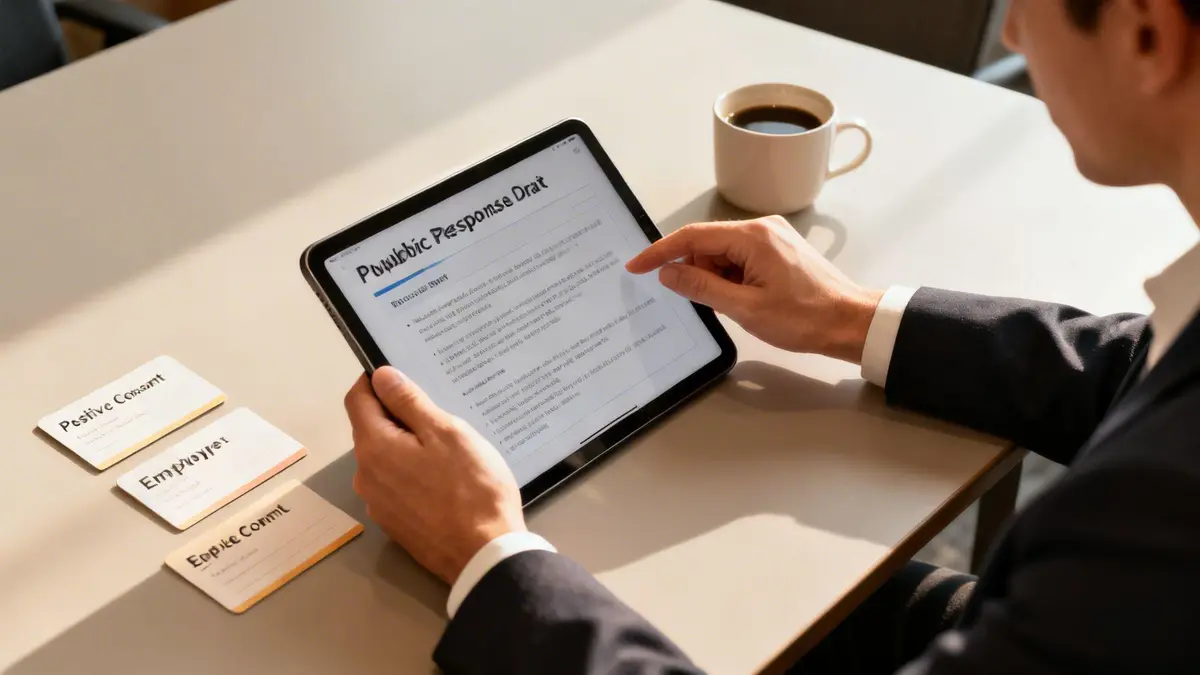 A person in a suit reviews a document on a tablet, with notes and coffee on the table.