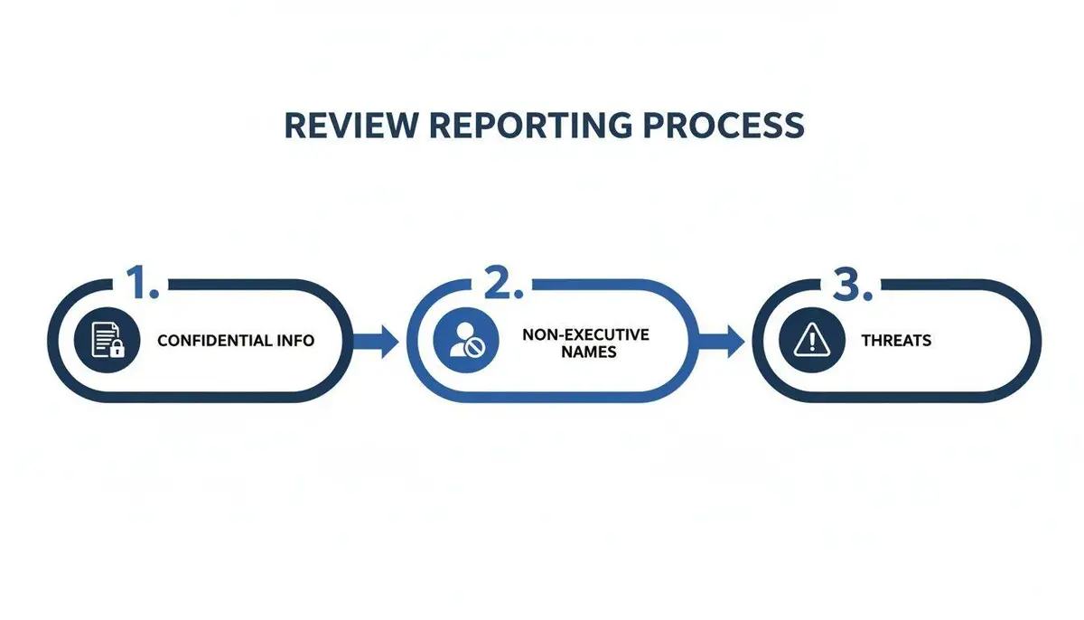 Flowchart illustrating a three-step review reporting process: confidential info, non-executive names, and threats.
