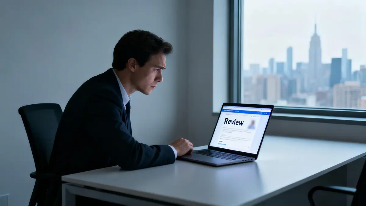 A focused man in a suit reviews content on a laptop in an office overlooking a city skyline.