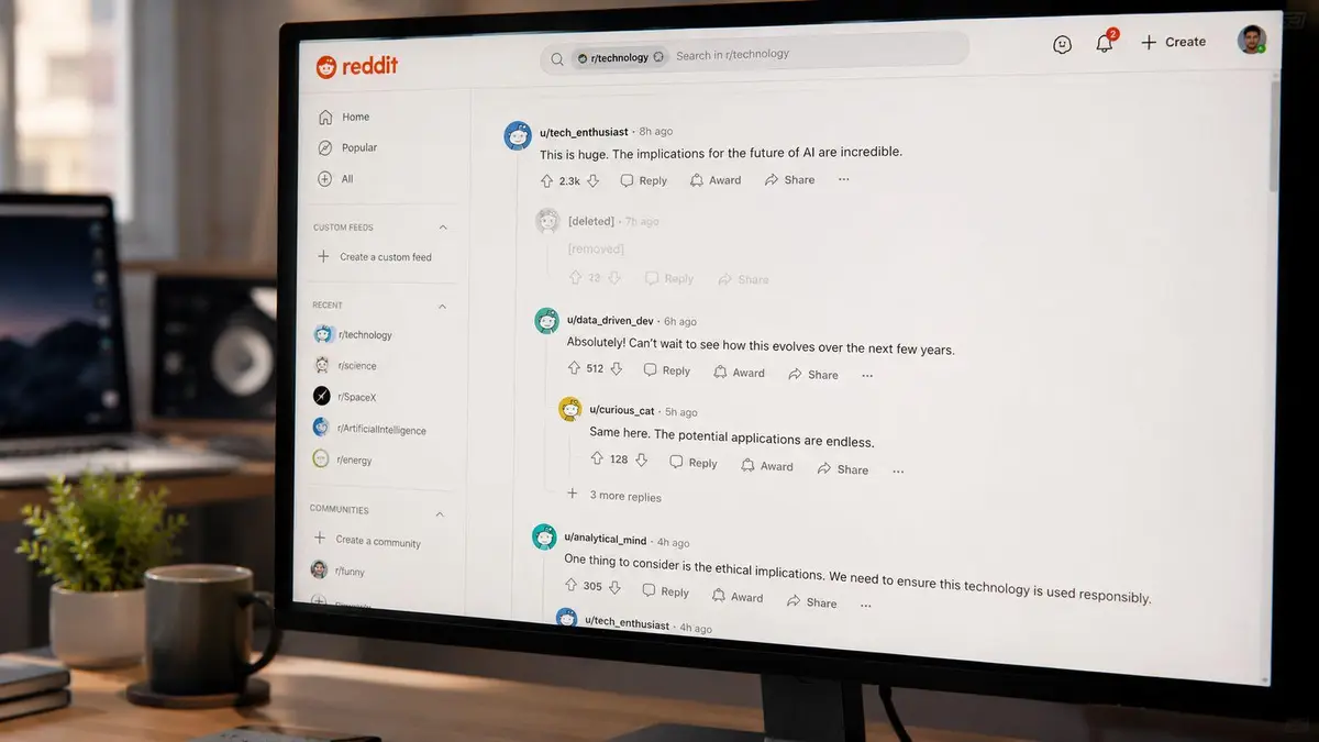 A computer monitor displaying a Reddit discussion thread about the future of AI technology in a browser.