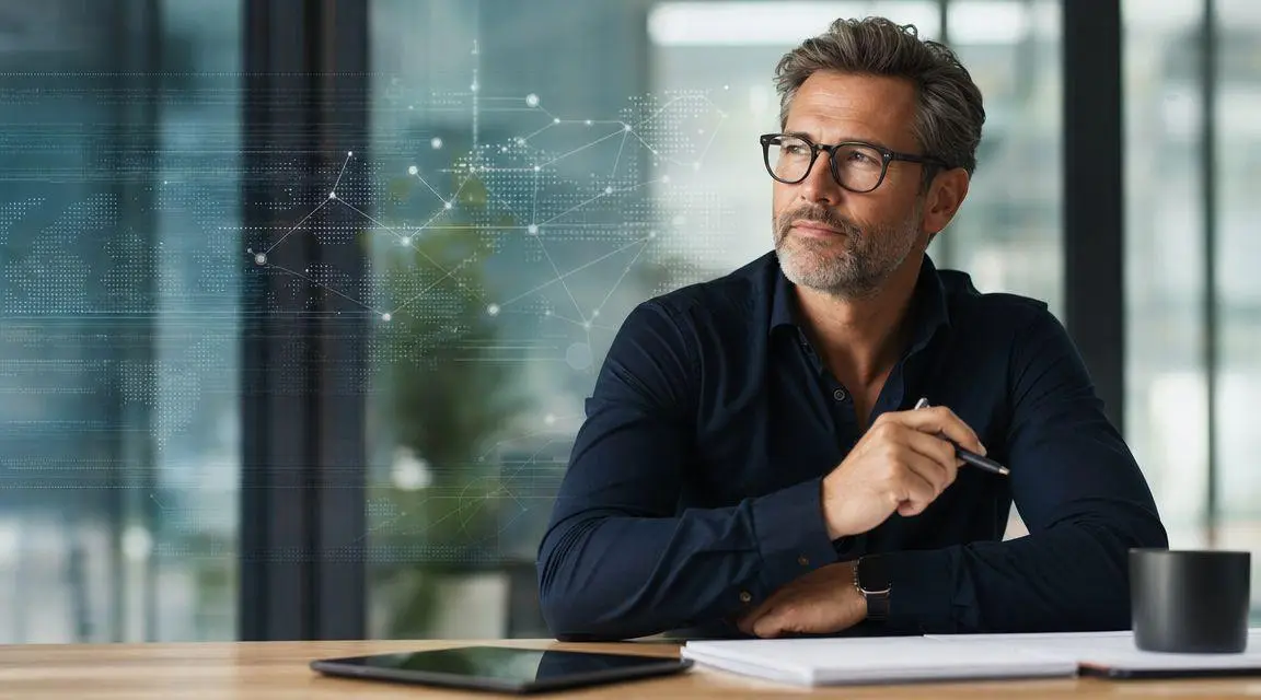 A professional businessman sitting at a desk with a digital network graphic overlaying his office background.