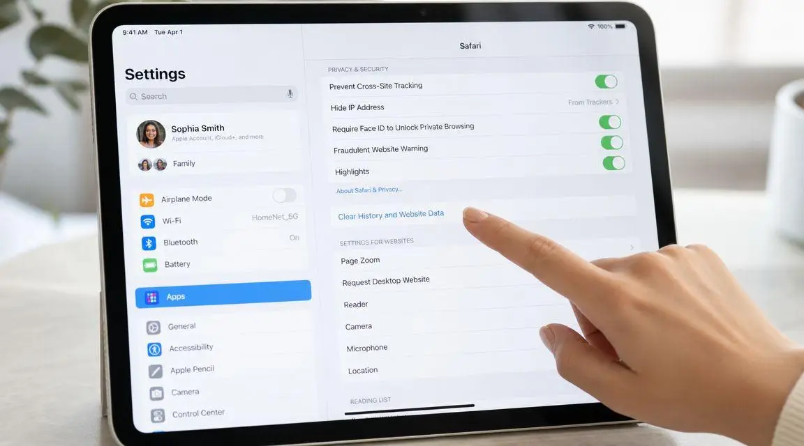 A hand interacting with the iPad settings menu to clear browsing history and website data on Safari.