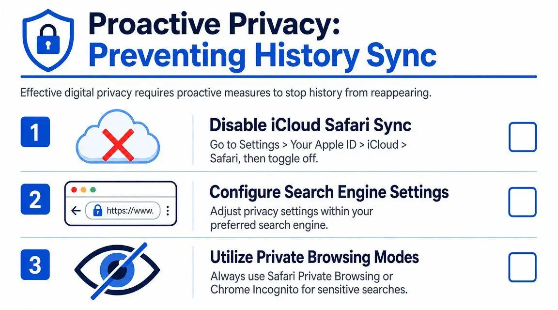 A checklist for proactive privacy showing three steps to prevent browser history sync on mobile devices.