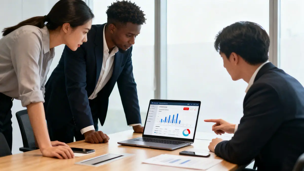 Three diverse business professionals analyzing data and charts on a laptop in a modern office.