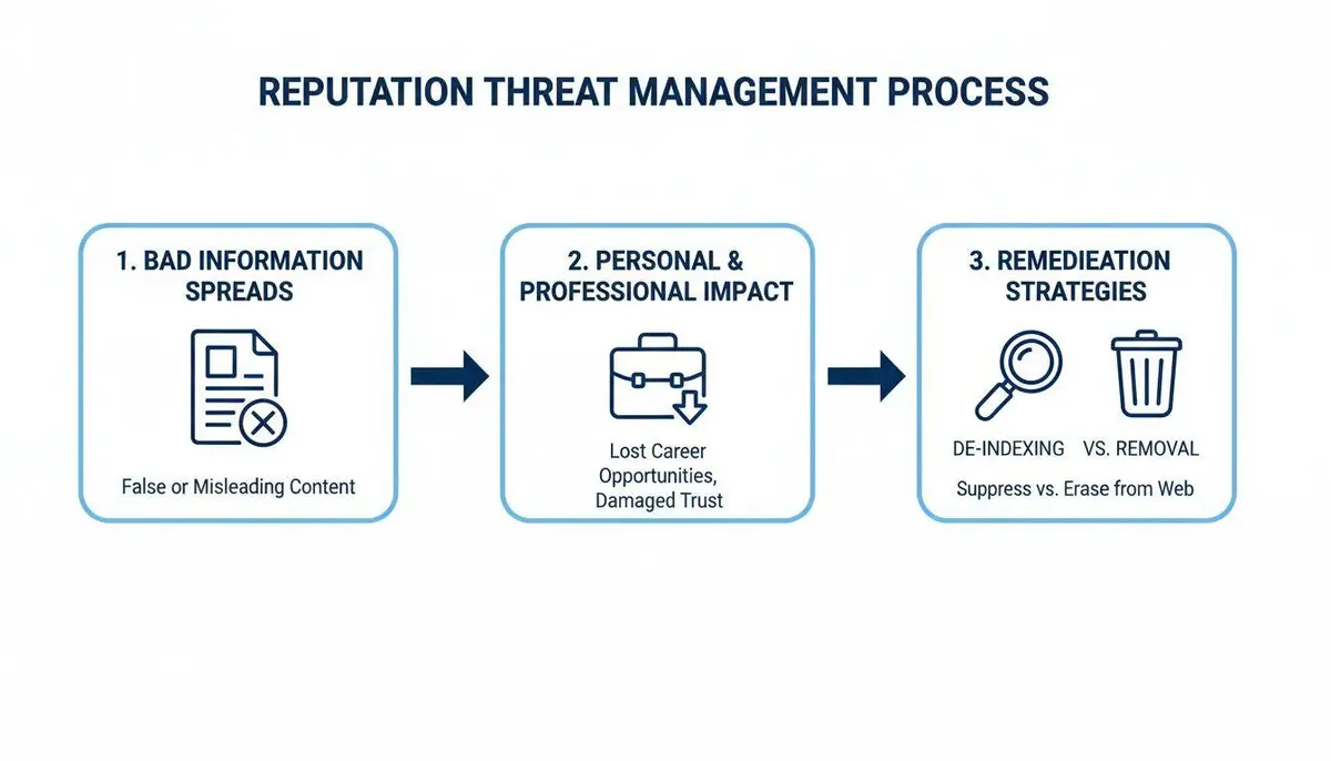 Flowchart illustrating the three-step reputation threat management process: bad information, impact, and remediation.
