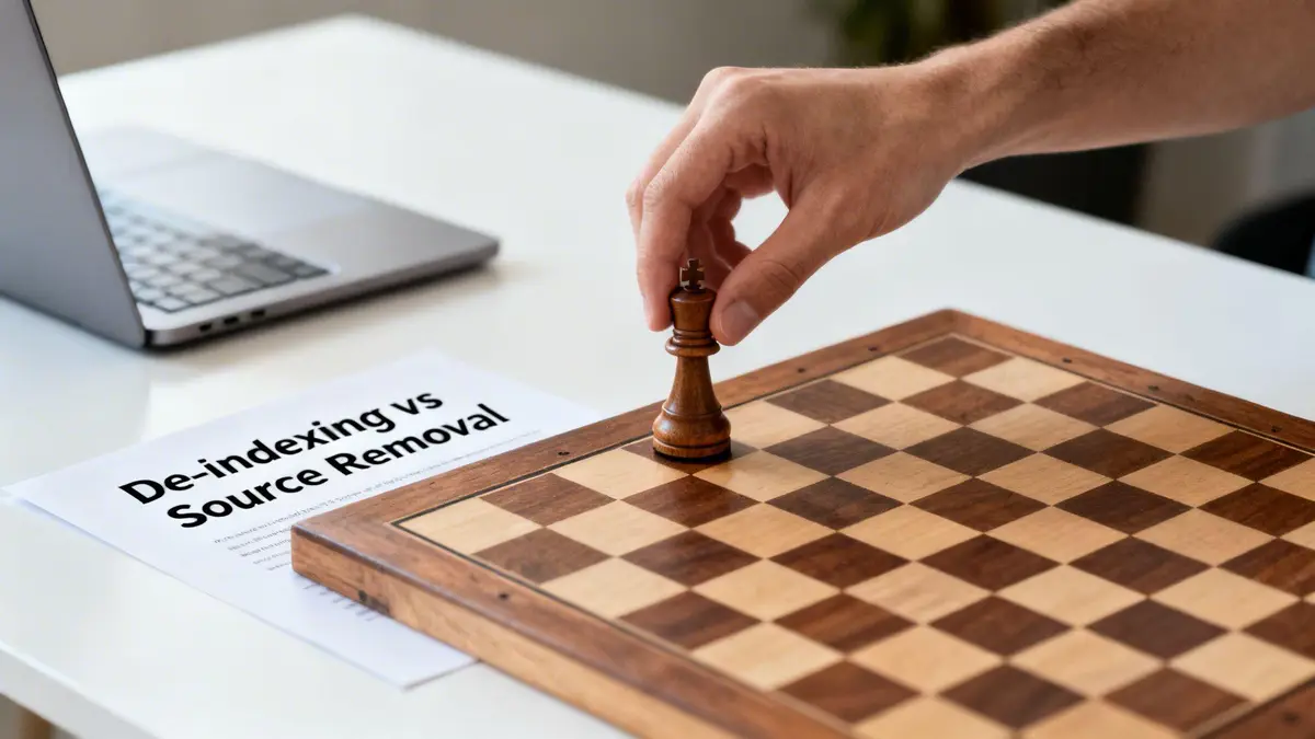 A hand places a wooden chess king on a board next to a document titled 'De-indexing vs Source Removal' and a laptop.