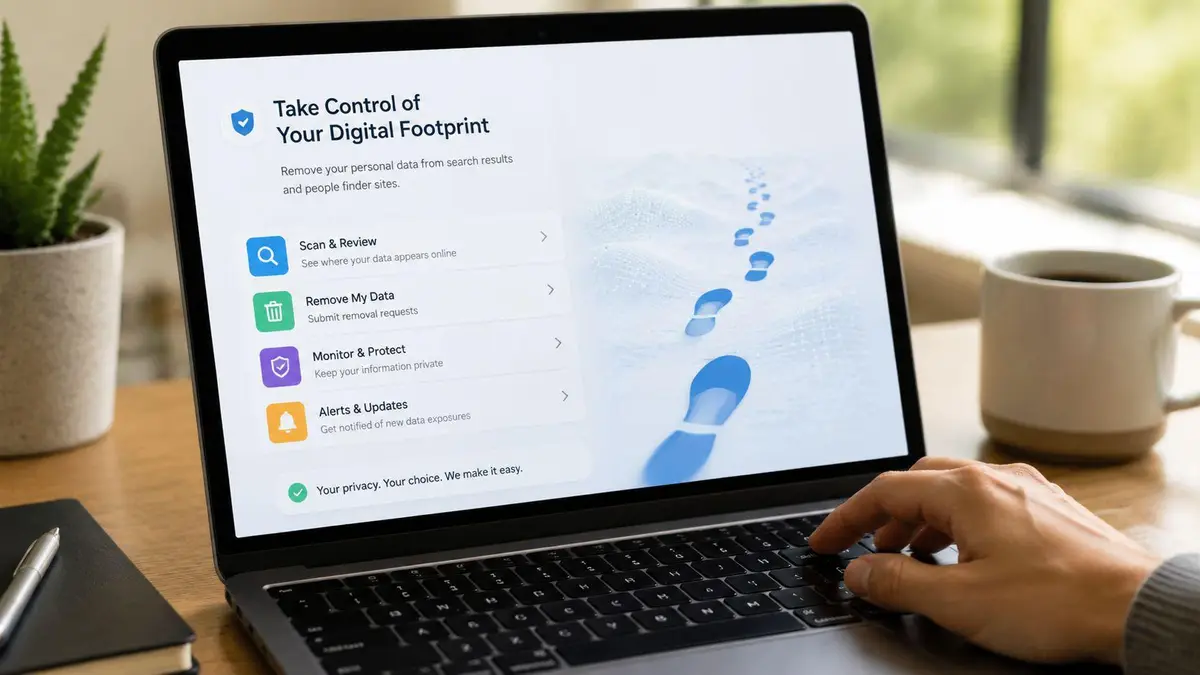 A person's hand using a laptop to access a website for managing and removing their personal digital footprint.