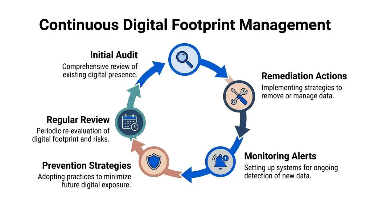 A circular diagram illustrating the five key steps of continuous digital footprint management for security.