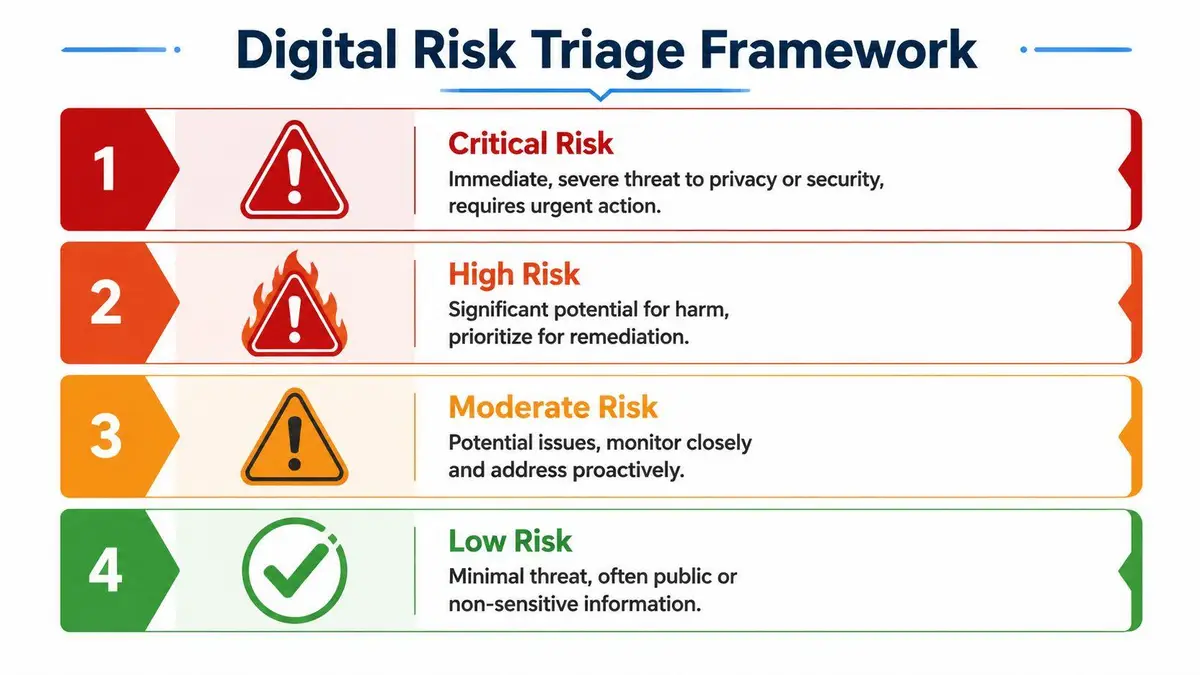 A four-level digital risk triage framework chart illustrating critical to low risk categorization for security assessment.