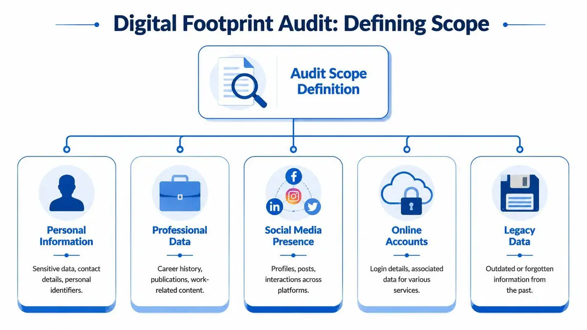 A diagram outlining the scope of a digital footprint audit, categorizing data into five distinct areas.
