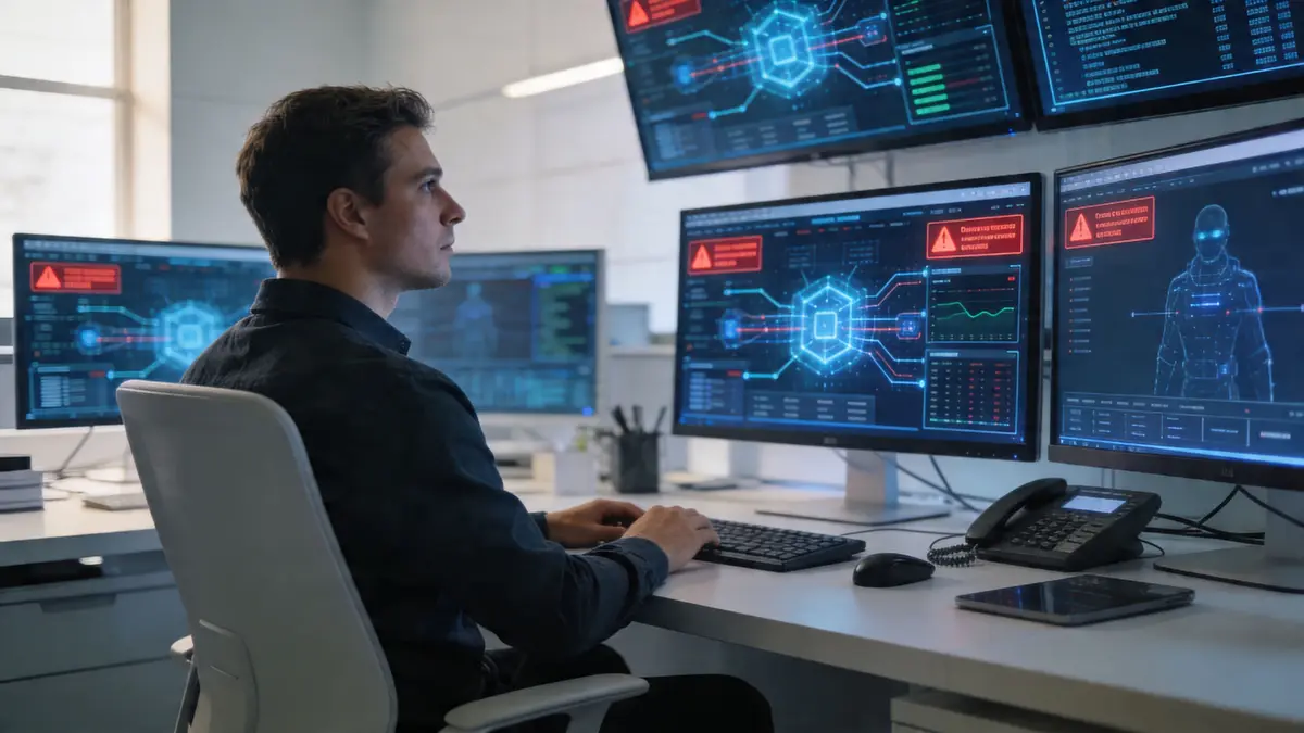 A cybersecurity professional monitoring complex data and network security warnings on multiple computer screens in an office.