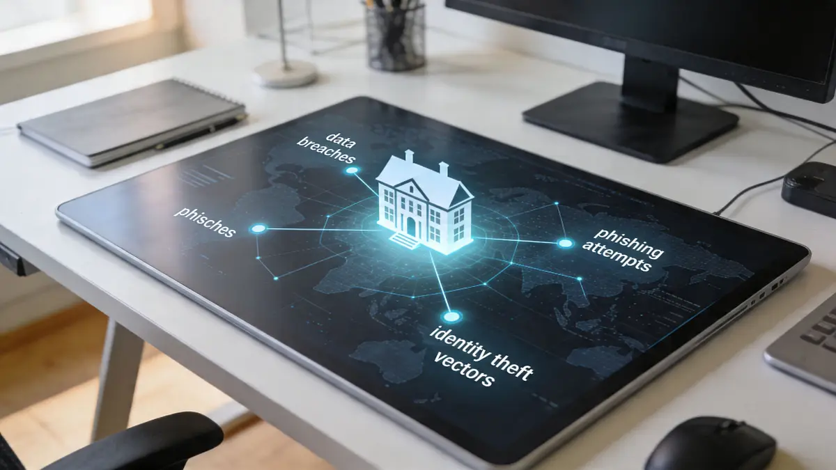 A digital screen on a workspace displaying a house icon connected to cybersecurity threats like data breaches.