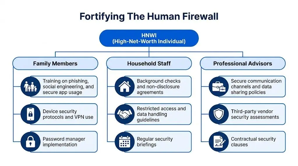 A diagram illustrating strategies for fortifying the human firewall for high-net-worth individuals, covering family, staff, and advisors.
