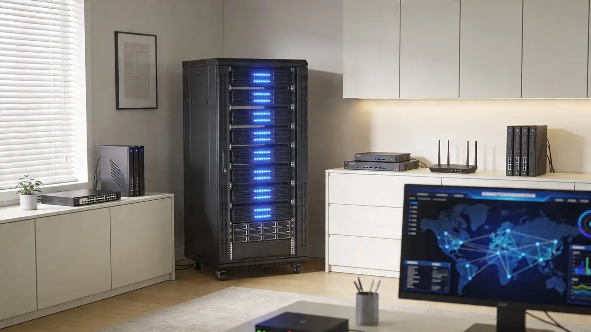 A modern home office setup featuring a professional server rack, networking equipment, and a computer monitor.