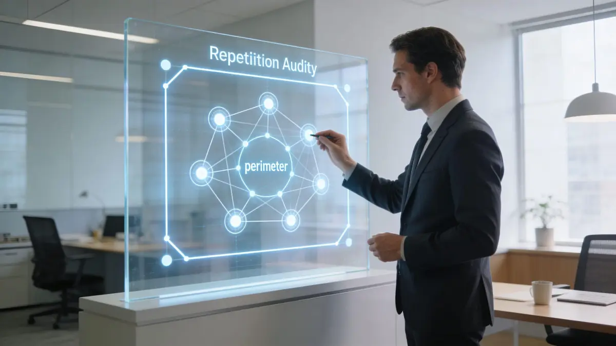 A professional man in a suit interacting with a futuristic digital screen showing a reputation audit diagram.