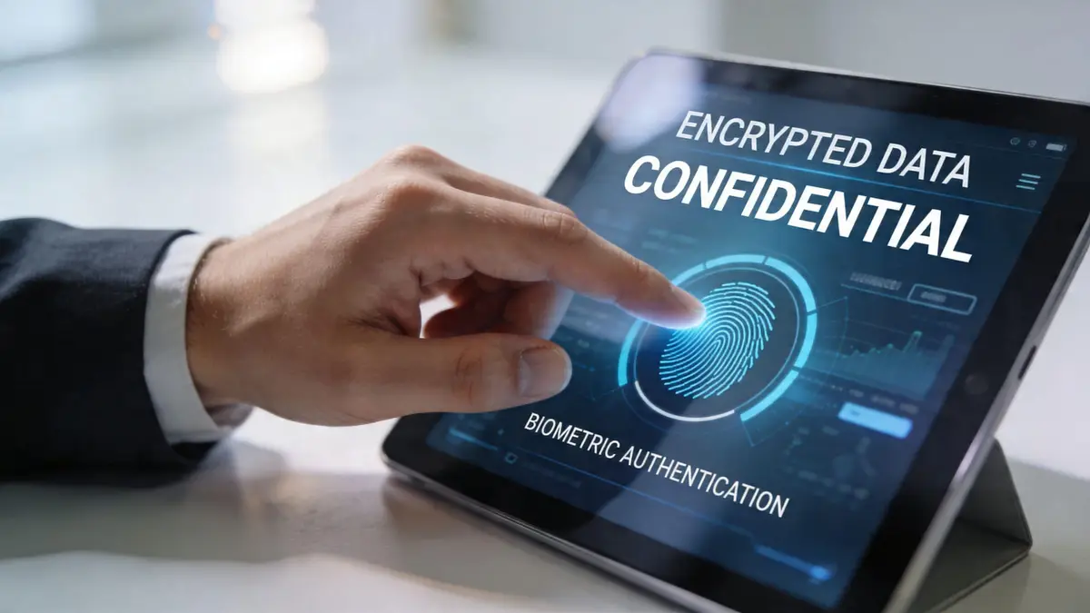 A businessman touches a tablet screen displaying a biometric fingerprint authentication interface for secure data access.