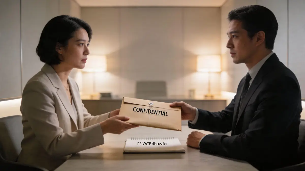 A professional man and woman exchange a confidential envelope during a business meeting in an office.