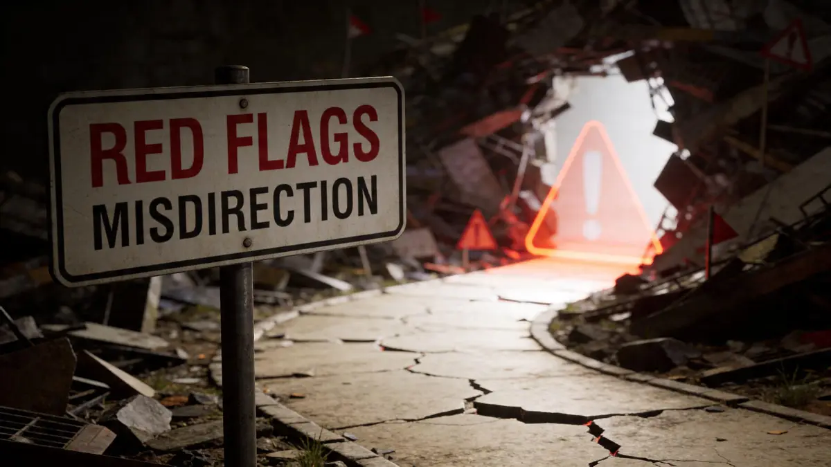 A sign labeled Red Flags Misdirection stands before a glowing warning triangle on a cracked, debris-strewn path.