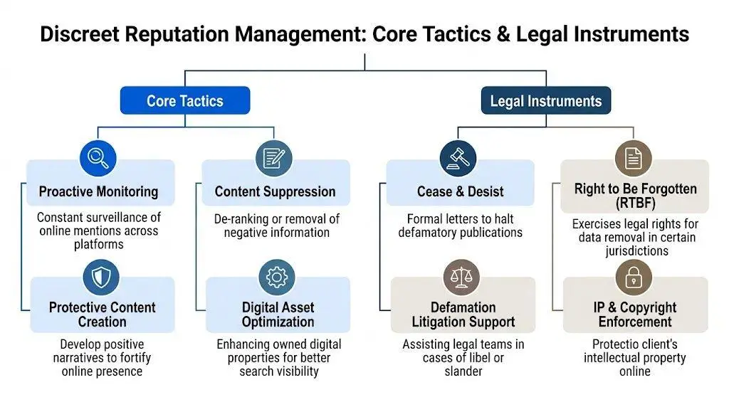 A flowchart detailing discreet reputation management strategies including core tactics and various legal instruments for online protection.