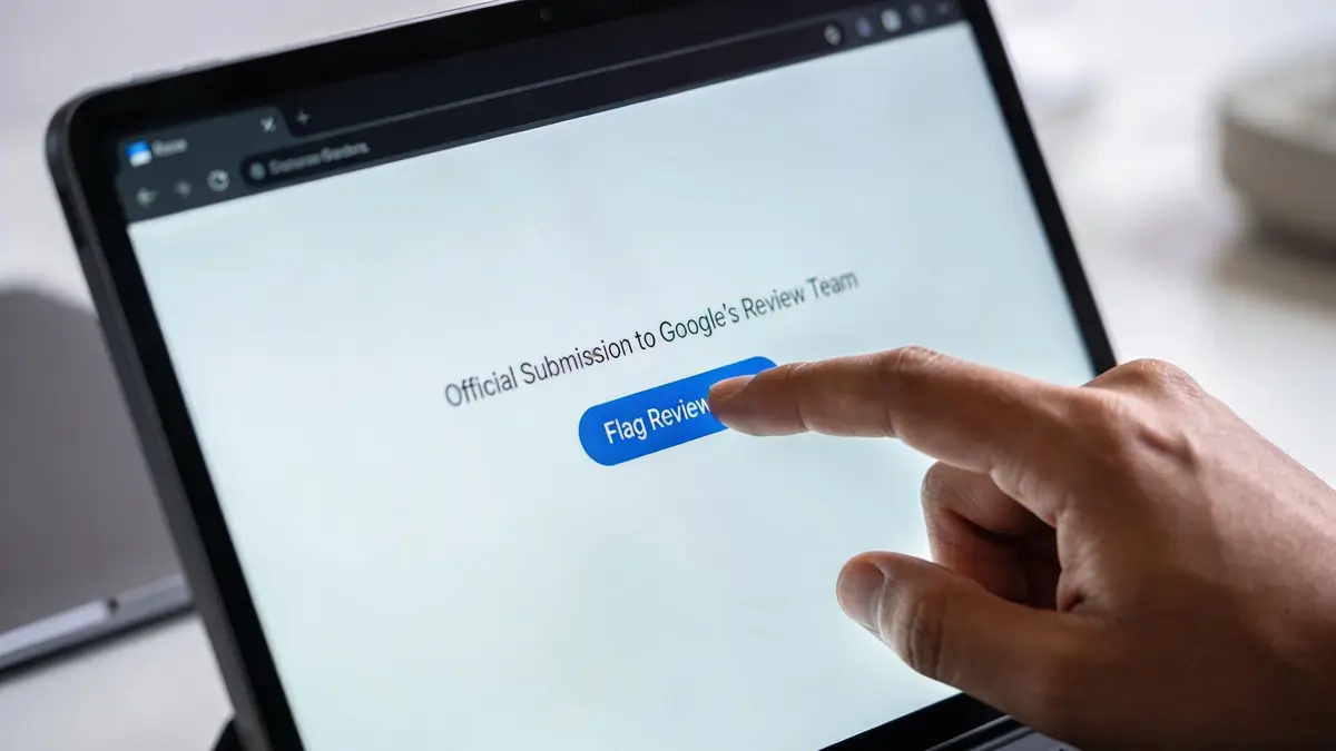 A person using a tablet screen to click the Flag Review button for a Google review dispute.