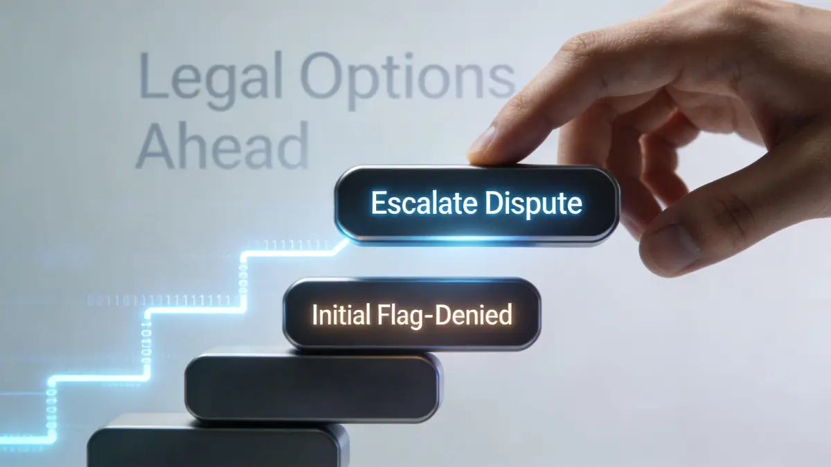 A hand placing a block labeled Escalate Dispute onto a stack representing a legal resolution process.
