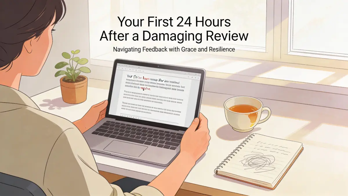 A woman working on her laptop in a sunlit room after receiving a damaging business review.