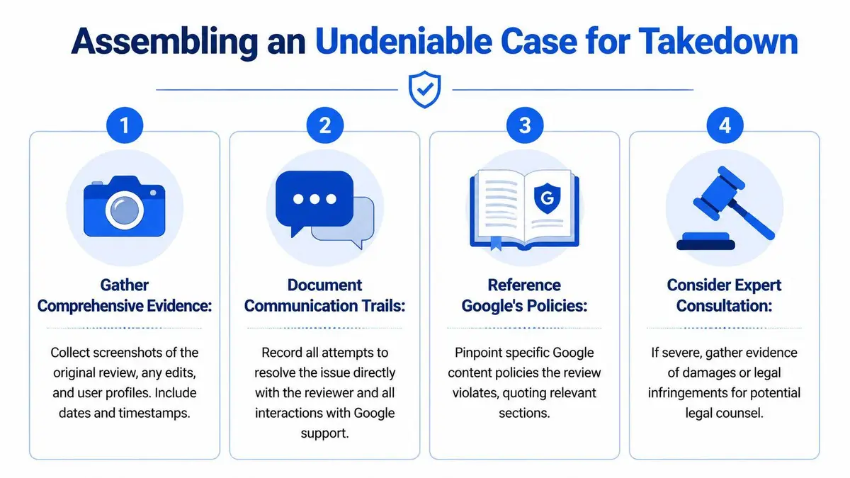 An infographic showing four steps to build an undeniable case for requesting a Google review takedown.