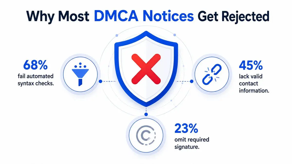 An infographic showing that DMCA notices often get rejected due to syntax errors, missing contact information, or signatures.