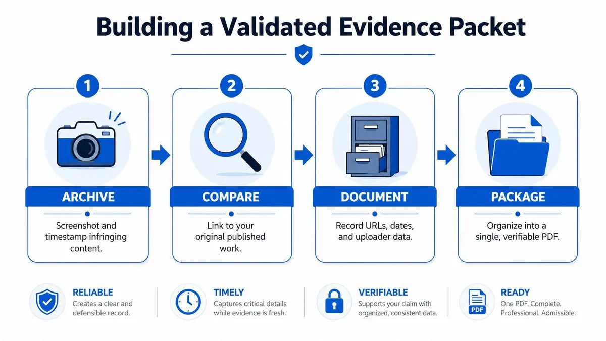 An infographic titled Building a Validated Evidence Packet showing four steps for documenting copyright infringement for legal purposes.