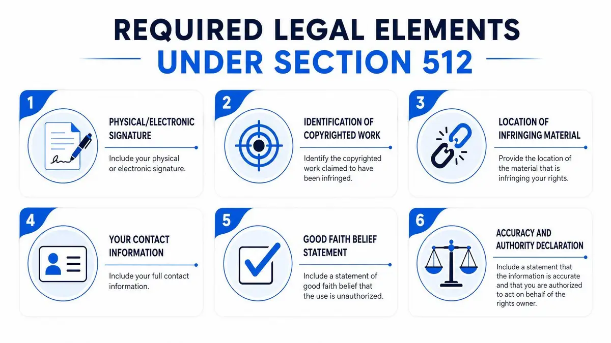 A visual guide outlining the six required legal elements of a DMCA takedown notice under Section 512.