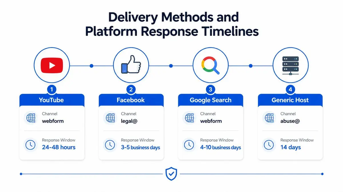A diagram outlining DMCA takedown letter submission methods and typical platform response timelines for various services.