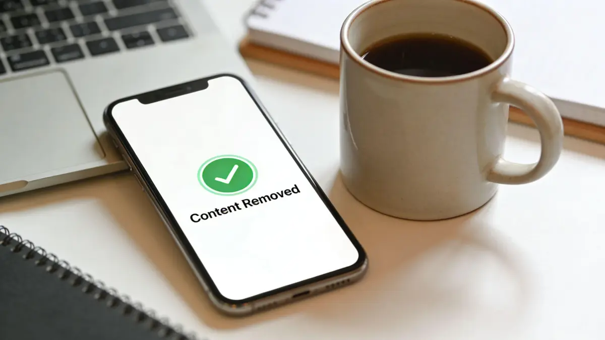 A smartphone on a desk showing a green checkmark and the text Content Removed on its screen.